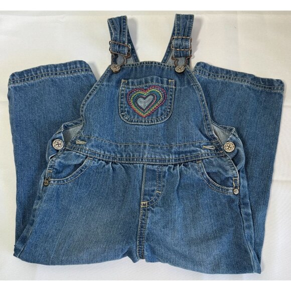 Oshkosh B'Gosh Girls Denim Bibs Coveralls 3T Rainbow Heart Detail Adjustable - Picture 1 of 8